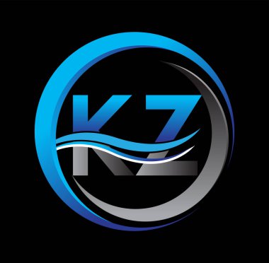 İlk harf logosu KZ şirketi daire ve swoosh tasarımında mavi ve gri renkte. İş ve şirket kimliği için vektör logosu.