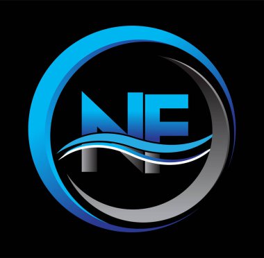 İlk harf logosu NF şirketinin daire ve swoosh tasarımında mavi ve gri rengi. İş ve şirket kimliği için vektör logosu.