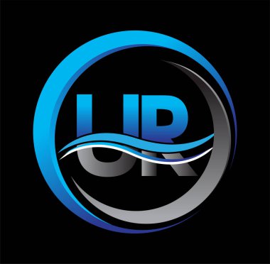 İlk harf logosu UR şirketinin daire ve swoosh tasarımında mavi ve gri rengi. İş ve şirket kimliği için vektör logosu.