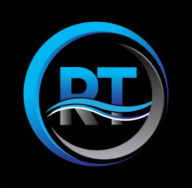 İlk harf logosu RT şirketinin daire ve çizim üzerindeki mavi ve gri rengi. İş ve şirket kimliği için vektör logosu.