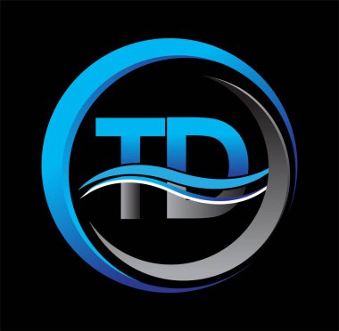 İlk harf logosu TD şirketinin daire ve swoosh tasarımında mavi ve gri rengi. İş ve şirket kimliği için vektör logosu.