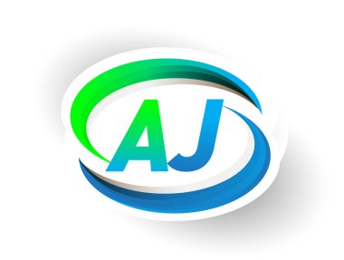 İlk harf AJ logotype şirketi adı mavi ve yeşil renkli Swoosh tasarımı, modern logo konsepti. iş ve şirket kimliği için vektör logosu.