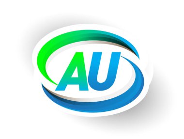 İlk harf AU logotype şirketi adı mavi ve yeşil renkli Swoosh tasarımı, modern logo konsepti. iş ve şirket kimliği için vektör logosu.