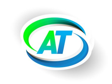 İlk harf AT logotype şirketi adı mavi ve yeşil renkli Swoosh tasarımı, modern logo konsepti. iş ve şirket kimliği için vektör logosu.