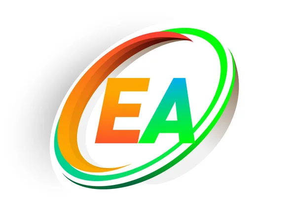最初的字母Ea标识公司的名称为彩色橙色和绿色圆形 并有Swoosh图案 现代标志概念 企业和公司标识的矢量标识 — 图库矢量图片