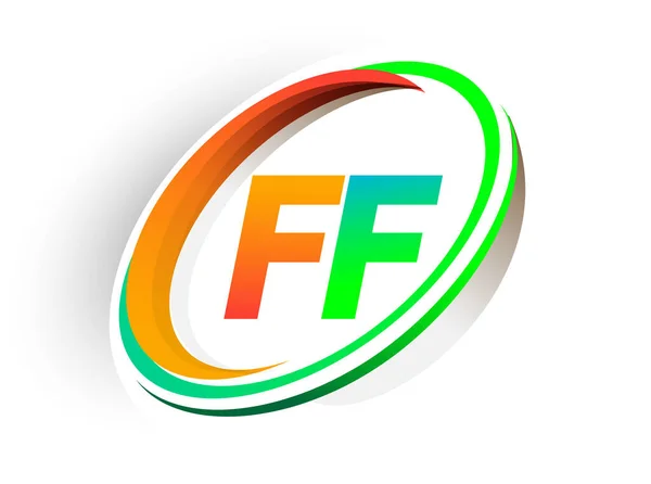 頭文字Ffロゴタイプ会社名色オレンジと緑の円とスウッシュデザイン 現代のロゴコンセプト ビジネスと会社のアイデンティティのためのベクトルロゴ — ストックベクタ