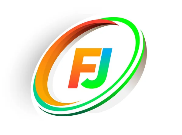 初期の手紙Fjロゴタイプ会社名色オレンジと緑の円とスウッシュデザイン 現代のロゴコンセプト ビジネスと会社のアイデンティティのためのベクトルロゴ — ストックベクタ