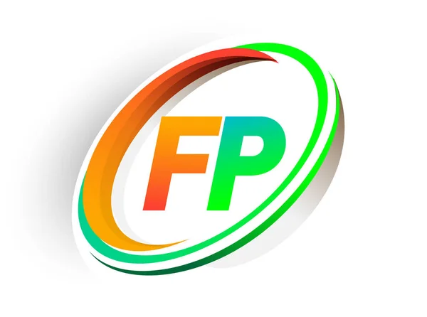 最初的字母Fp标识公司名称为彩色橙色和绿色圆形 并有Swoosh图案 现代标志概念 企业和公司标识的矢量标识 — 图库矢量图片
