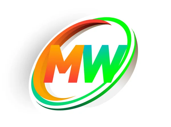 最初的字母Mw标识公司的名称为彩色橙色和绿色圆形 并采用Swoosh设计 现代标志理念 企业和公司标识的矢量标识 — 图库矢量图片