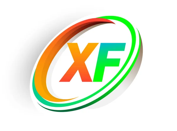 初期の文字Xfロゴタイプ会社名の色オレンジと緑の円とスウッシュデザイン モダンなロゴコンセプト ビジネスと会社のアイデンティティのためのベクトルロゴ — ストックベクタ