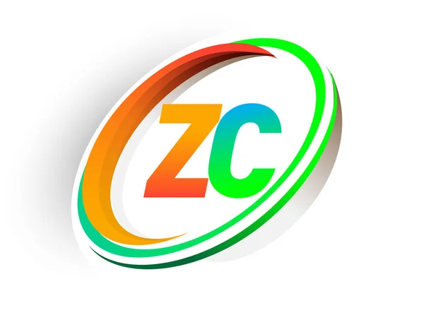 最初的字母Zc标识公司的名称为彩色橙色和绿色圆形 并有Swoosh图案 现代标志概念 企业和公司标识的矢量标识 — 图库矢量图片