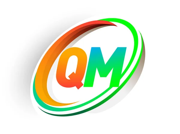 最初の文字Qmのロゴタイプ会社名の色オレンジと緑の円とスウッシュデザイン モダンなロゴコンセプト ビジネスと会社のアイデンティティのためのベクトルロゴ — ストックベクタ