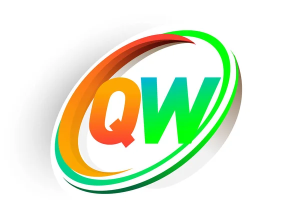 初期の文字Qwロゴタイプ会社名色オレンジと緑の円とスウッシュデザイン 現代のロゴコンセプト ビジネスと会社のアイデンティティのためのベクトルロゴ — ストックベクタ