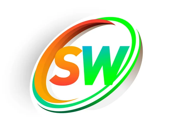 最初の文字Swのロゴタイプ会社名の色のオレンジと緑の円とスウッシュデザイン モダンなロゴコンセプト ビジネスと会社のアイデンティティのためのベクトルロゴ — ストックベクタ