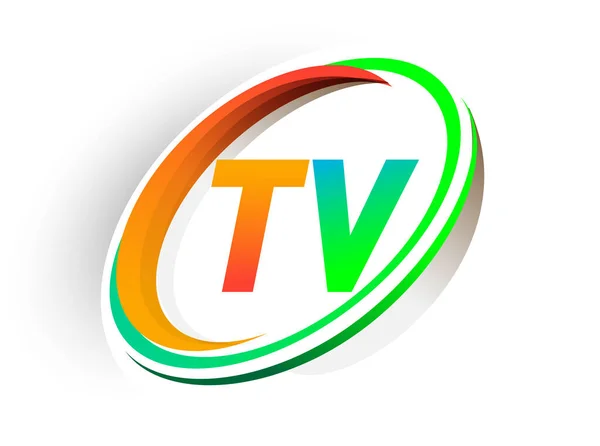 初期の文字テレビのロゴタイプ会社名色オレンジと緑の円とスウッシュデザイン 現代のロゴコンセプト ビジネスと会社のアイデンティティのためのベクトルロゴ — ストックベクタ