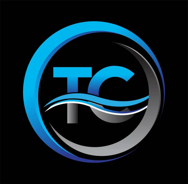 最初的字母标识Tc公司的名称蓝色和灰色在圆圈和Swoosh设计 企业和公司标识的向量标志类型 — 图库矢量图片