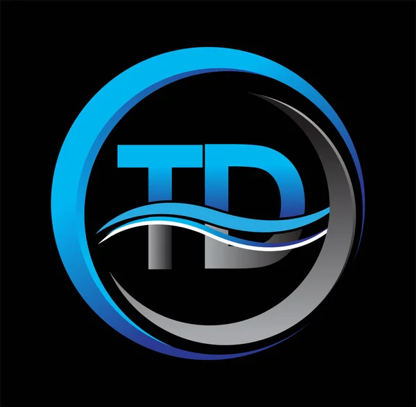 首字母标识Td公司名称蓝色和灰色的圆形和斜纹图案 企业和公司标识的向量标志类型 — 图库矢量图片
