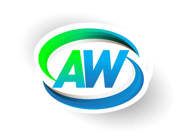 最初的字母Aw标志公司的名称为彩色蓝色和绿色的Swoosh设计 现代标志概念 企业和公司标识的矢量标识 — 图库矢量图片