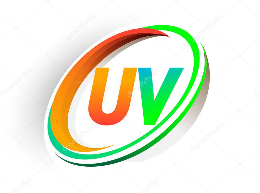 Initial letter UV logotype company name colored orange and green circle and swoosh design, modern logo concept. vector logo for business and company identity.