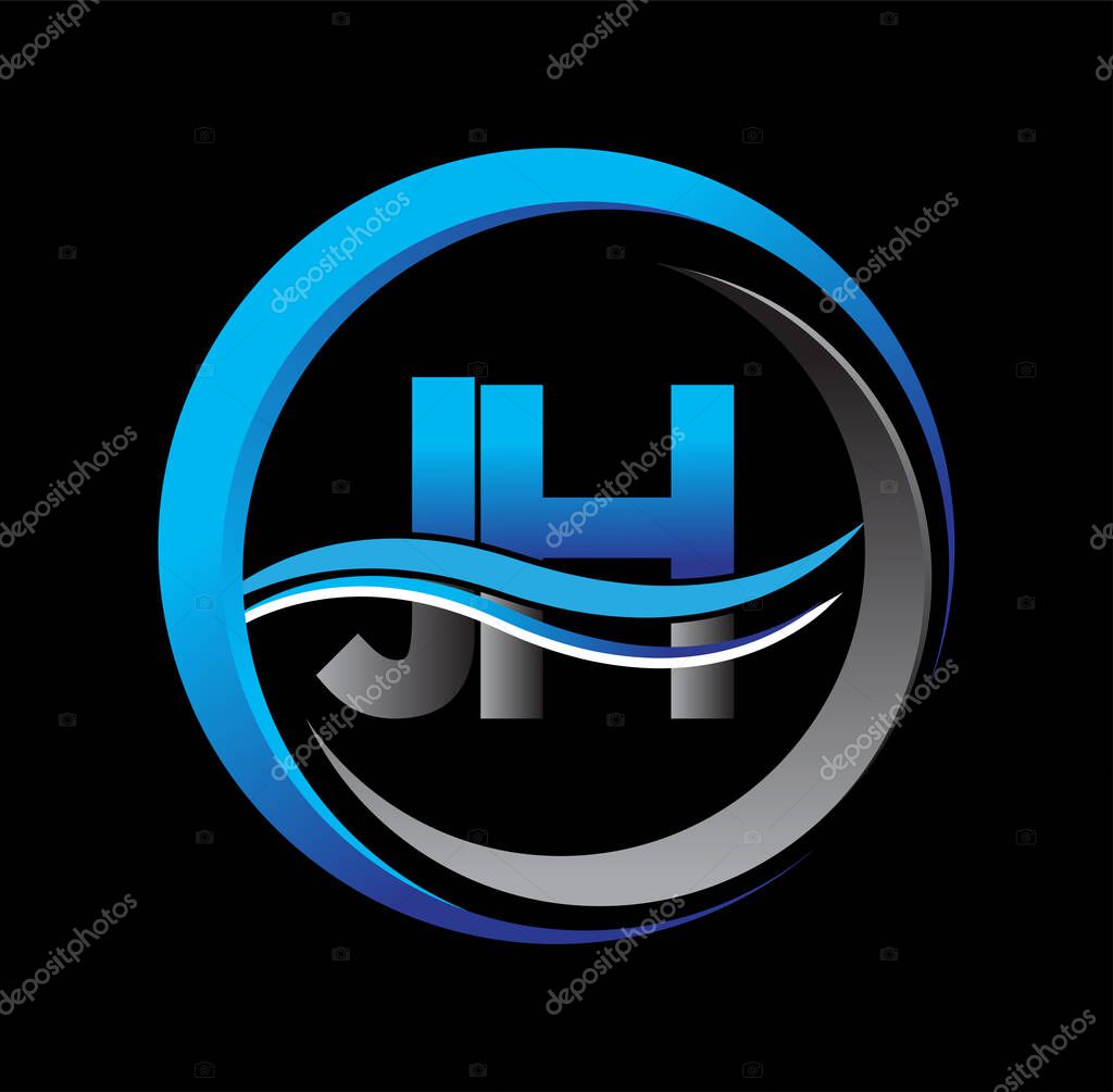 Initial letter logo JH company name blue and grey color on circle and swoosh design. vector logotype for business and company identity.