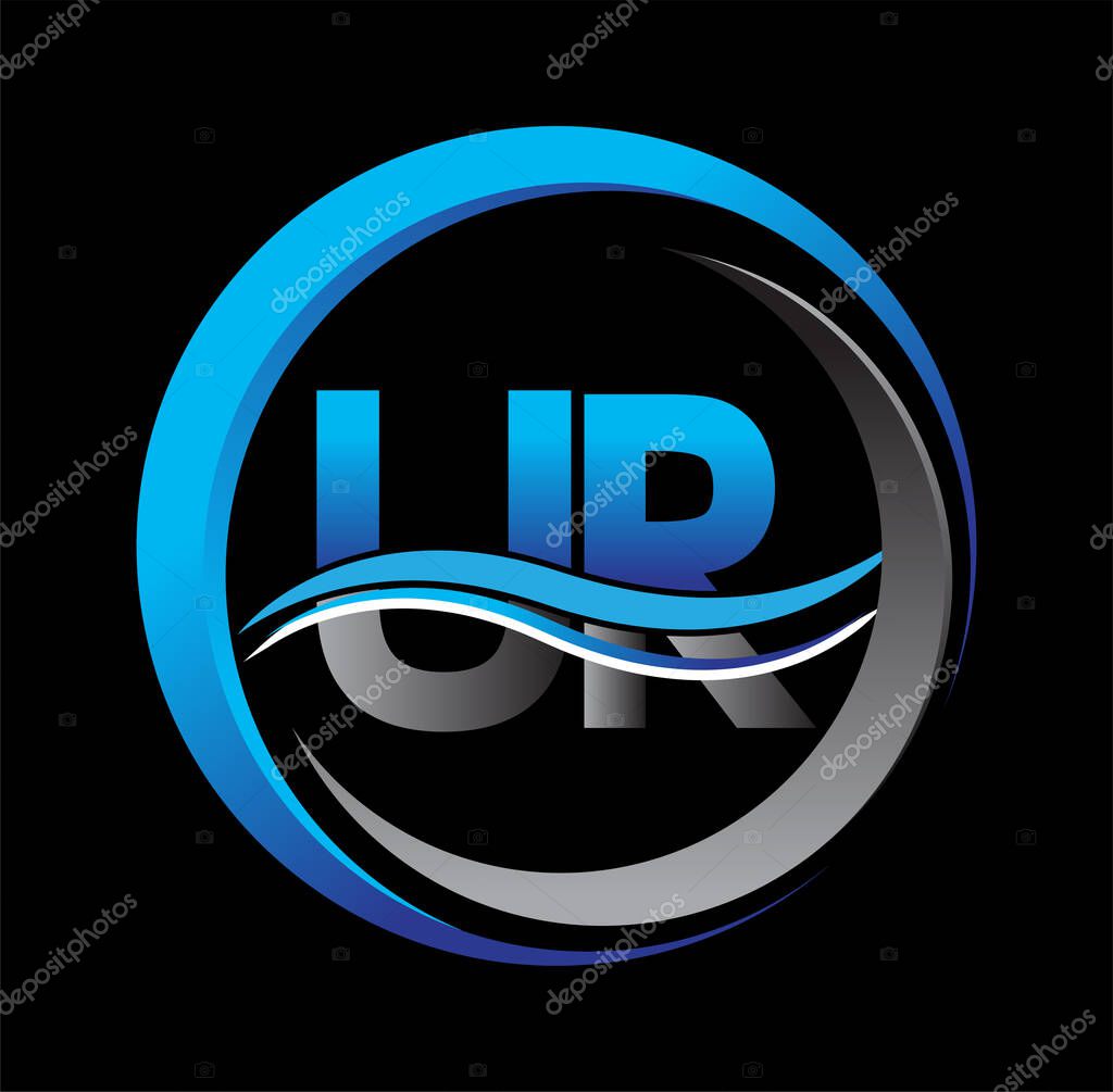 Initial letter logo UR company name blue and grey color on circle and swoosh design. vector logotype for business and company identity.