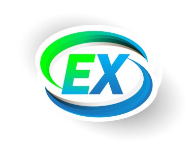 İlk harf EX logotype şirketi adı mavi ve yeşil renkli Swoosh tasarımı, modern logo konsepti. iş ve şirket kimliği için vektör logosu.