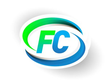 İlk harf FC logotype şirketi adı mavi ve yeşil renkli Swoosh tasarımı, modern logo konsepti. iş ve şirket kimliği için vektör logosu.
