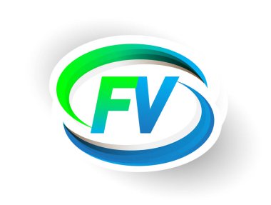 İlk harf FV logotype şirketi adı mavi ve yeşil renkli Swoosh tasarımı, modern logo konsepti. iş ve şirket kimliği için vektör logosu.