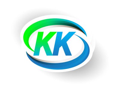 KK logoti şirketinin ilk harfi mavi ve yeşil renkli Swoosh tasarımı, modern logo konsepti. iş ve şirket kimliği için vektör logosu.