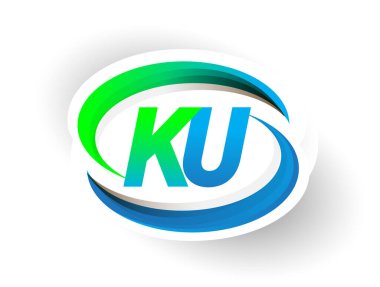 İlk harfi KU logotype şirketi ismi mavi ve yeşil renkli Swoosh tasarımı, modern logo konsepti. iş ve şirket kimliği için vektör logosu.