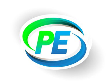 İlk harf PE logotype şirketinin adı mavi ve yeşil renkli Swoosh tasarımı, modern logo konsepti. iş ve şirket kimliği için vektör logosu.