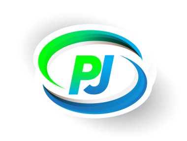 İlk harf PJ logotype şirketi adı mavi ve yeşil renkli Swoosh tasarımı, modern logo konsepti. iş ve şirket kimliği için vektör logosu.