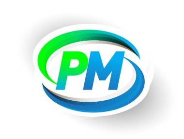 İlk harf PM logotype şirketi adı mavi ve yeşil renkli Swoosh tasarımı, modern logo konsepti. iş ve şirket kimliği için vektör logosu.