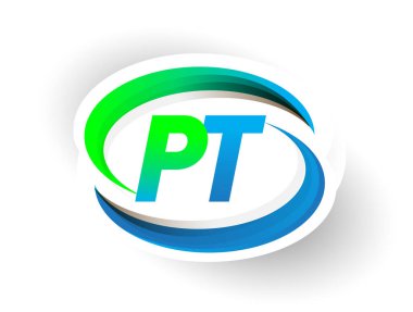 İlk harf PT logotype şirketi adı mavi ve yeşil renkli Swoosh tasarımı, modern logo konsepti. iş ve şirket kimliği için vektör logosu.