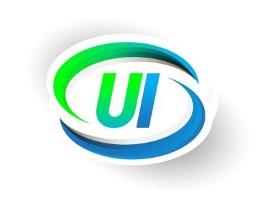 İlk harf UI logotype şirketi adı mavi ve yeşil renkli Swoosh tasarımı, modern logo konsepti. iş ve şirket kimliği için vektör logosu.