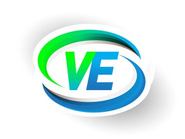 İlk harf VE logotype şirketi adı mavi ve yeşil renkli Swoosh tasarımı, modern logo konsepti. iş ve şirket kimliği için vektör logosu.