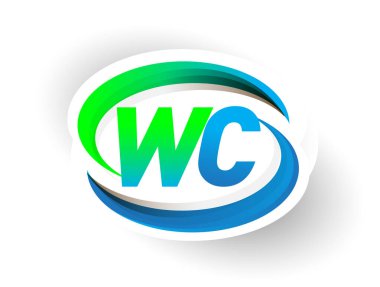 İlk harf WC logotype şirketi adı mavi ve yeşil renkli Swoosh tasarımı, modern logo konsepti. iş ve şirket kimliği için vektör logosu.