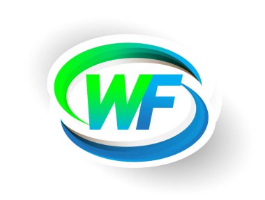 İlk harf WF logotype şirketi adı mavi ve yeşil renkli Swoosh tasarımı, modern logo konsepti. iş ve şirket kimliği için vektör logosu.