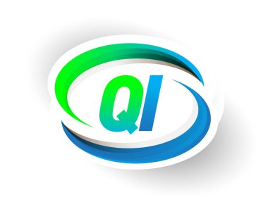 İlk harf QI logotype şirketi adı mavi ve yeşil renkli Swoosh tasarımı, modern logo konsepti. iş ve şirket kimliği için vektör logosu.