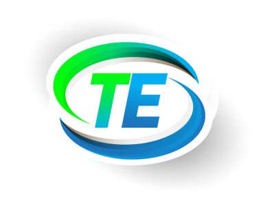 İlk harf TE logotype şirketi adı mavi ve yeşil renkli Swoosh tasarımı, modern logo kavramı. iş ve şirket kimliği için vektör logosu.