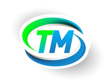 İlk harf TM logotype şirketi adı mavi ve yeşil renkli Swoosh tasarımı, modern logo konsepti. iş ve şirket kimliği için vektör logosu.