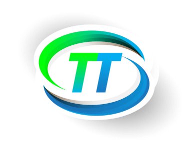 İlk harfi TT logotype şirketinin adı mavi ve yeşil renkli Swoosh tasarımı, modern logo konsepti. iş ve şirket kimliği için vektör logosu.