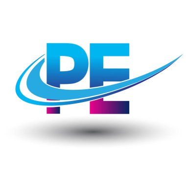 İlk harf PE logotype şirketi adı mavi ve morumsu çizim. iş ve şirket kimliği için vektör logosu.