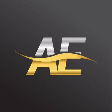 İlk harf AE şirketi adı altın ve gümüş rengi Swoosh tasarımı. İş ve şirket kimliği için vektör logosu.