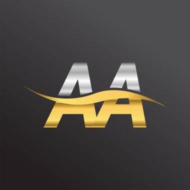 İlk harf AA şirketi adı altın ve gümüş rengi Swoosh tasarımı. İş ve şirket kimliği için vektör logosu.
