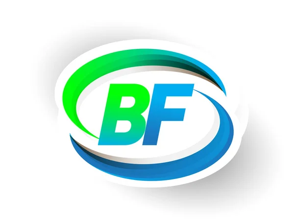 初期の文字Bfのロゴタイプ会社の名前は青と緑のスウッシュのデザイン 現代的なロゴの概念を着色 ビジネスと会社のアイデンティティのためのベクトルロゴ — ストックベクタ