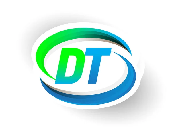 初期の文字Dtロゴタイプ会社名は青と緑のスウッシュデザイン 現代のロゴコンセプトを着色しました ビジネスと会社のアイデンティティのためのベクトルロゴ — ストックベクタ