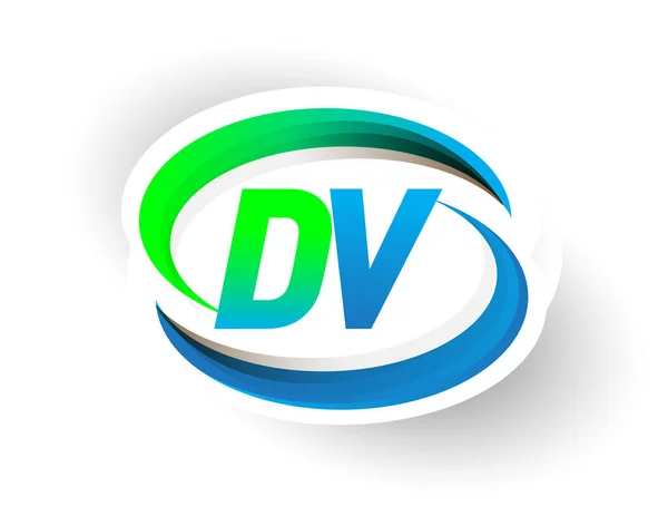 最初的字母Dv标志公司名称为彩色蓝色和绿色的Swoosh设计 现代标志概念 企业和公司标识的矢量标识 — 图库矢量图片