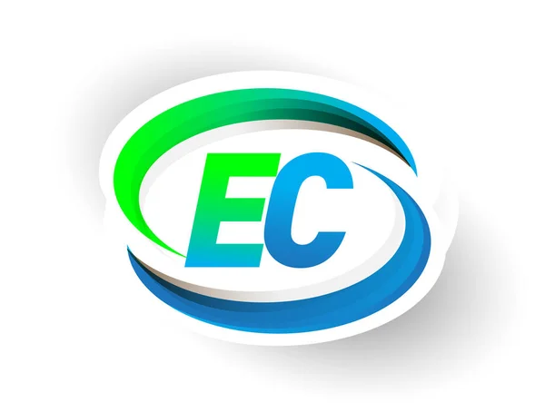 最初的字母Ec标识公司名称为彩色蓝色和绿色的Swoosh设计 现代标识概念 企业和公司标识的矢量标识 — 图库矢量图片