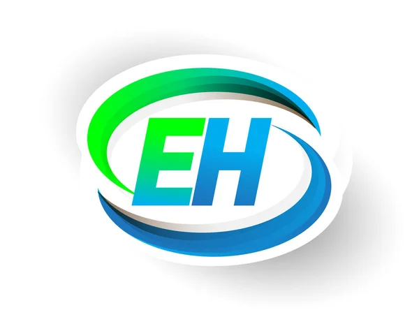 最初の文字Ehのロゴタイプ会社名は青と緑のスウッシュデザイン 現代のロゴコンセプトを着色しました ビジネスと会社のアイデンティティのためのベクトルロゴ — ストックベクタ